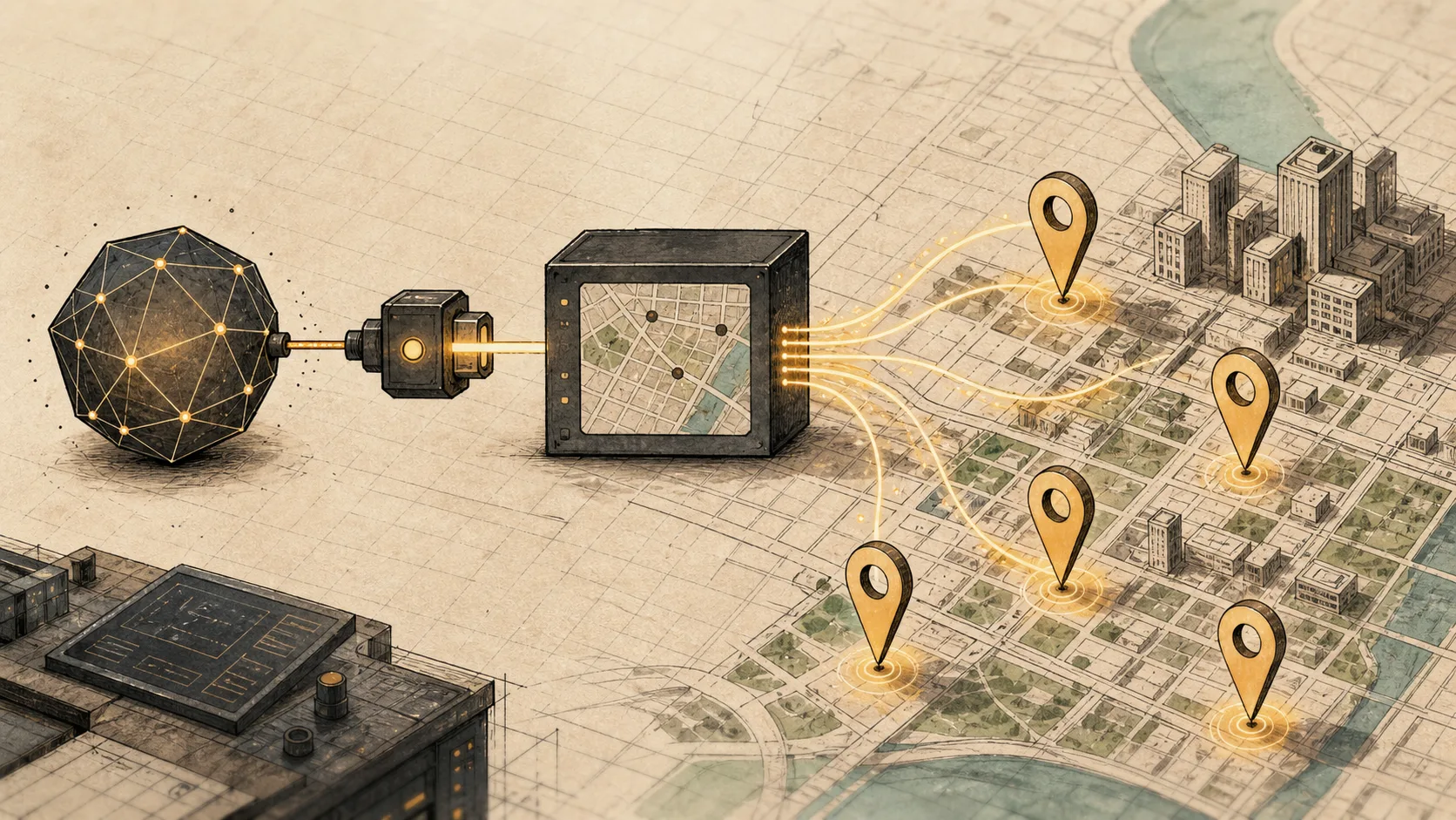 An abstract AI agent node calling a places API tool and receiving real map pins.