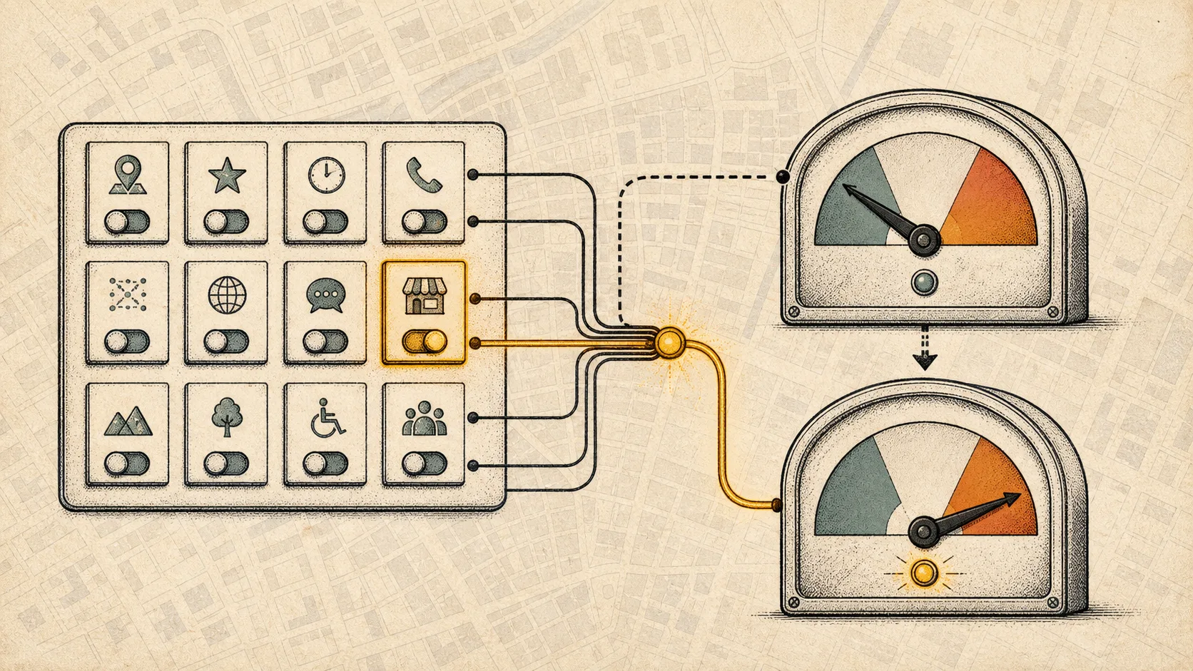 A field-mask switchboard where one highlighted data field moves a billing meter upward.