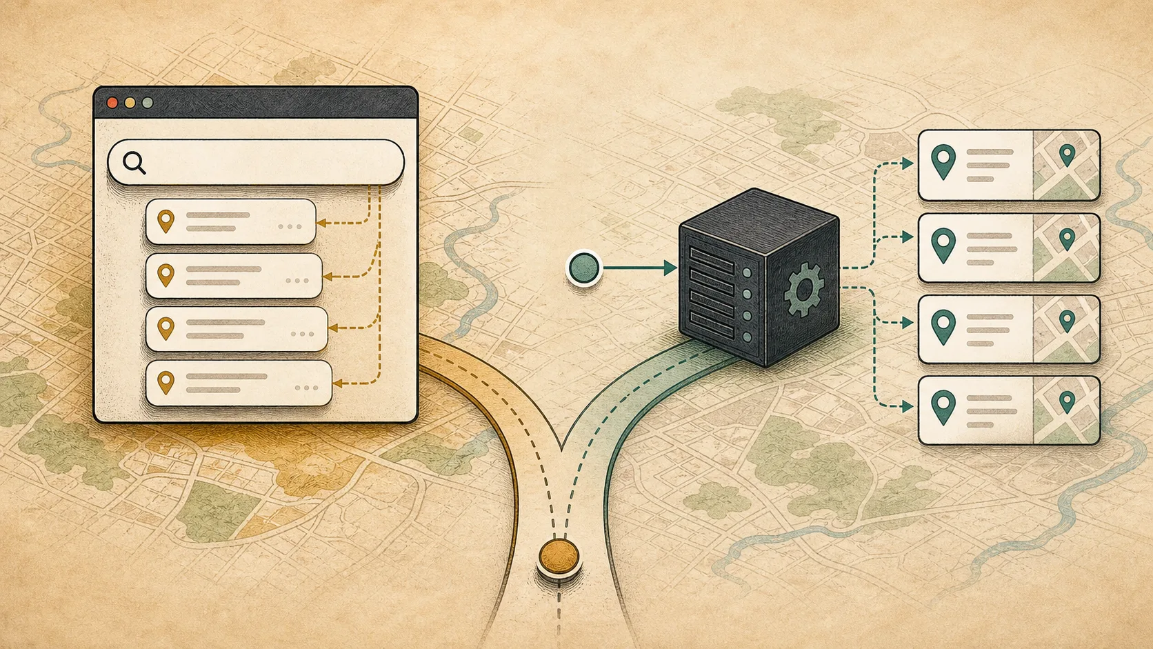 An interactive search box path compared with a backend nearby-search API path over a paper map.
