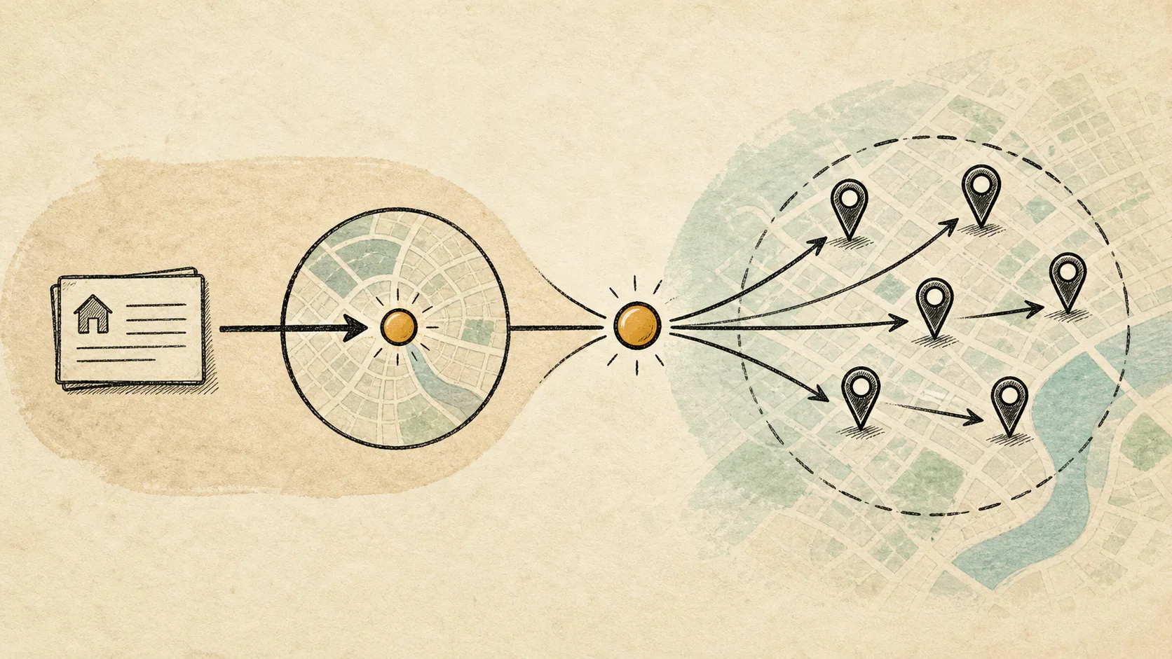A two-step location workflow turning an address card into a coordinate and then into nearby place pins.