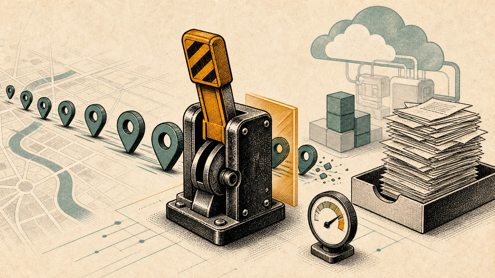 An illustrated circuit breaker stopping a stream of map-pin requests before they reach an invoice tray.