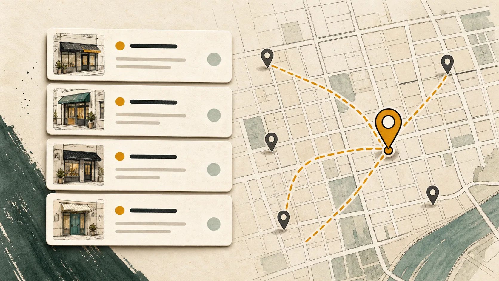 A list-first store locator with result cards beside map pins on a paper city grid.